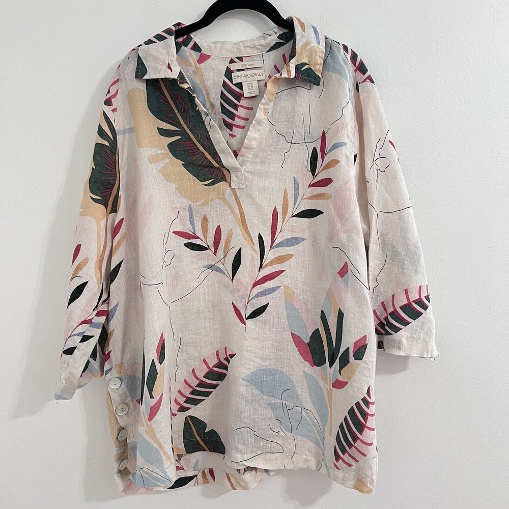 Cynthia Rowley Ivory 100% Linen Tunic Top Size 1X Tropical Palms Side Buttons